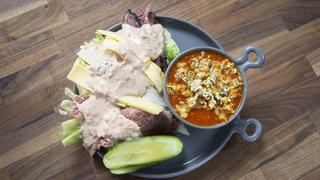 Tomato Soup with Cheddar Dill Popcorn and Reuben Salad Tomato Soup with Cheddar Dill Popcorn and Reuben Salad