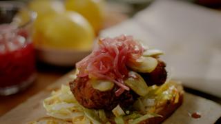 Fried Chicken Sandwich with Gherkins and Kimchi Fried Chicken Sandwich with Gherkins and Kimchi