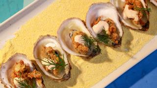 Oysters, Mac 'n' Cheese, Pear Salad and Halibut