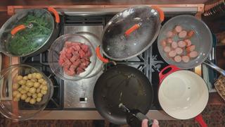 Cheese Fondue With Vegetables, Sausage and Beef Tips