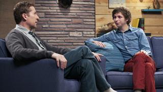 Michael Cera Wears a Blue Denim Shirt & Red Pants