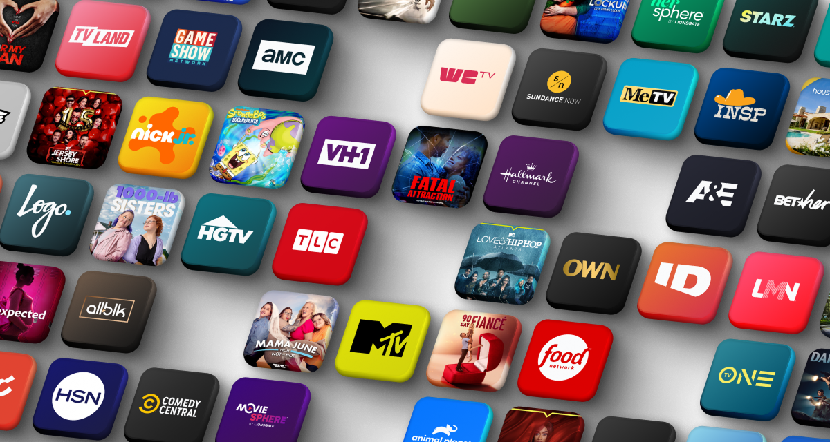 Philo homepage hero featuring a grid of colorful channel and show tiles including Dutton Ranch, BET, AMC, HGTV, History, Lifetime, Nickelodeon, Food Network, TLC, A&E, ID, Hallmark Channel, Paramount Network, Jersey Shore Family Vacation, 90 Day Fiancé, and more