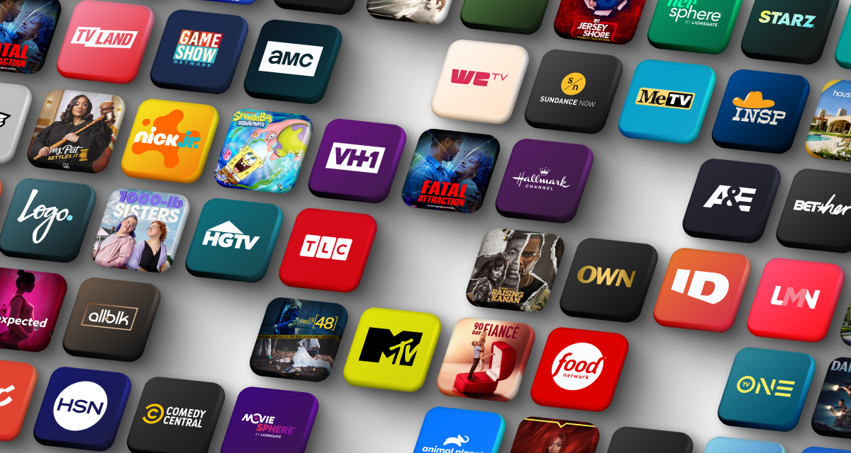 Philo homepage hero featuring a grid of colorful channel and show tiles including Dutton Ranch, BET, AMC, HGTV, History, Lifetime, Nickelodeon, Food Network, TLC, A&E, ID, Hallmark Channel, Paramount Network, Jersey Shore Family Vacation, 90 Day Fiancé, and more